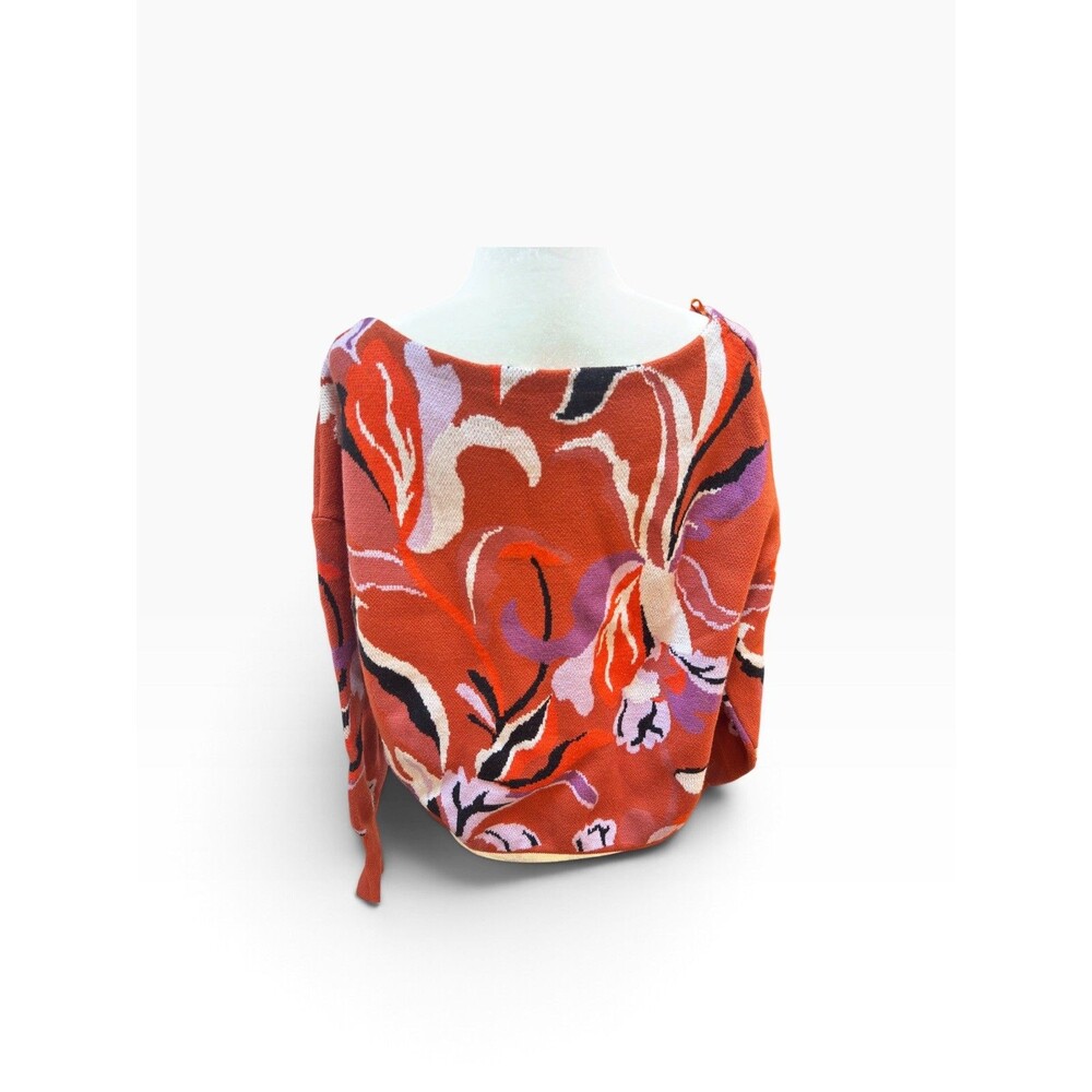 Anthropologie Maeve Red Floral Orange Boat Neck Sweater Blouson Sleeves Size L